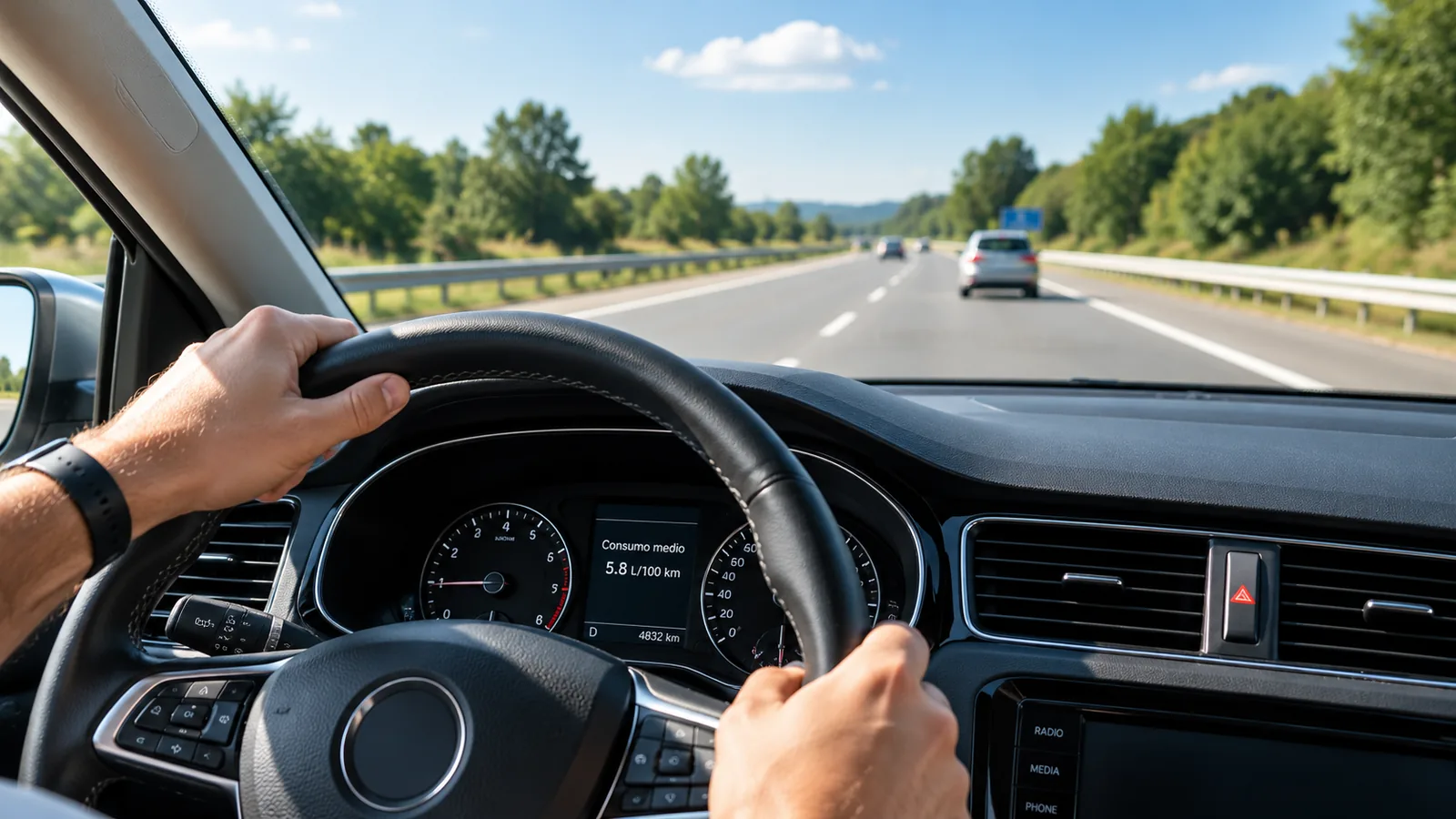 Conductor en carretera con el panel del auto mostrando el consumo medio de combustible