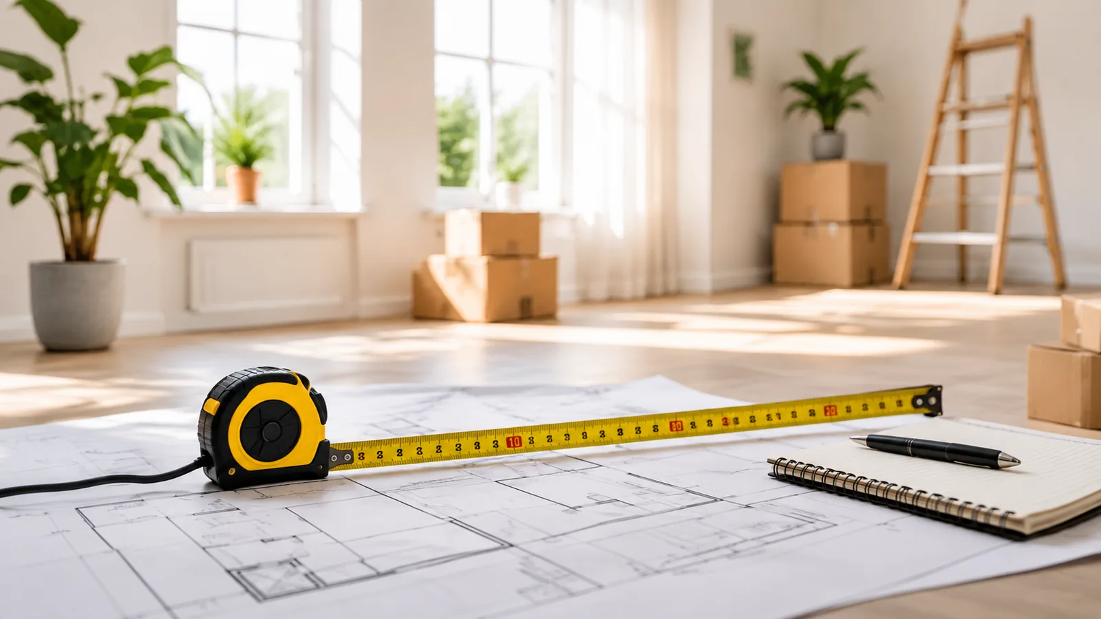 Cinta metrica sobre planos de una habitacion luminosa durante una medicion