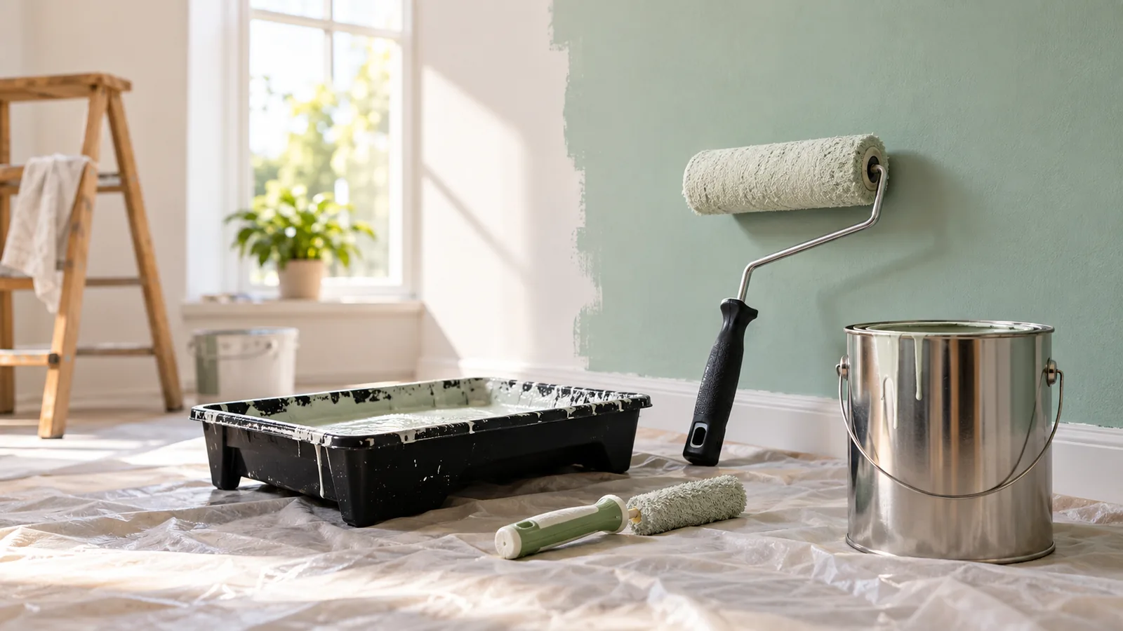 Rodillo, bandeja y lata de pintura junto a una pared verde recien pintada
