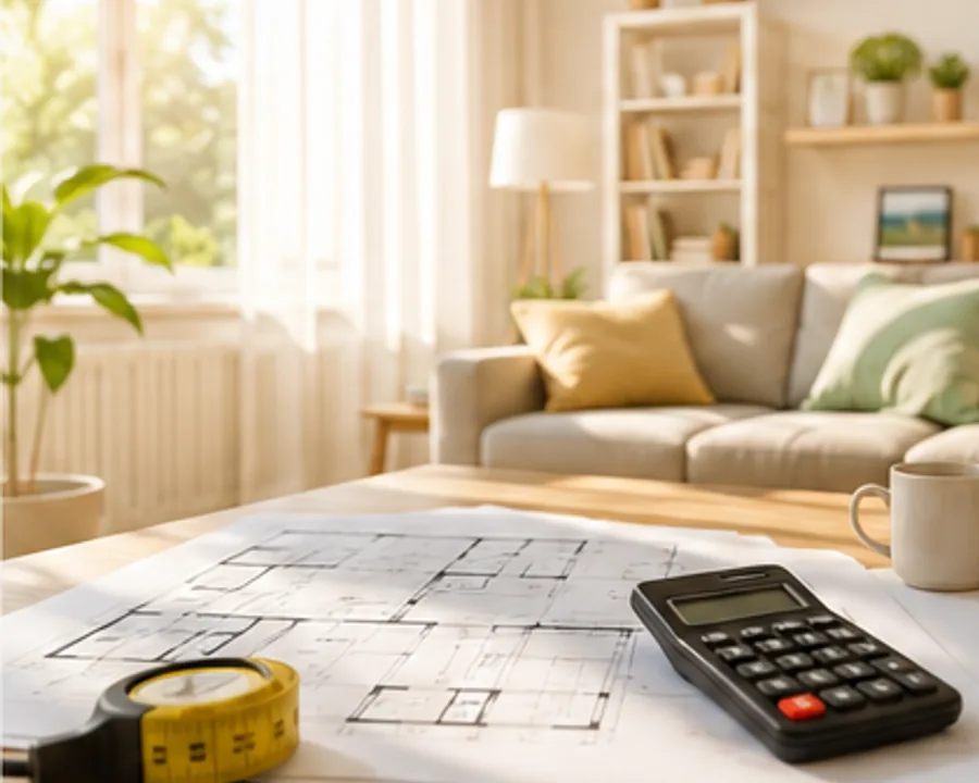 Sala luminosa con planos, cinta métrica y calculadora para planificar medidas y presupuestos del hogar